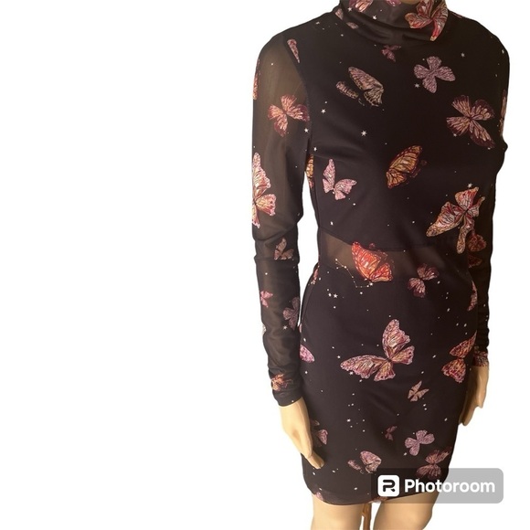 Material Girl Butterfly Printed Mesh Butterfly Bodycon Dress Size Medium - Picture 4 of 16